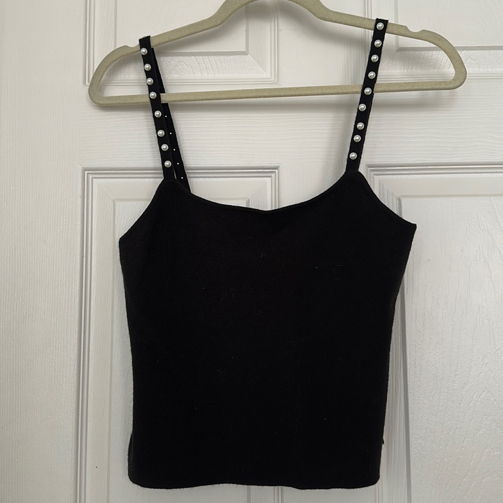 Knit black tank top with full pearls on the straps., front and back,knit